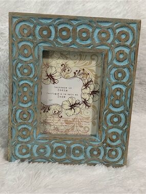 5x7 carved turquoise picture frame wood handmade in India chunky scroll